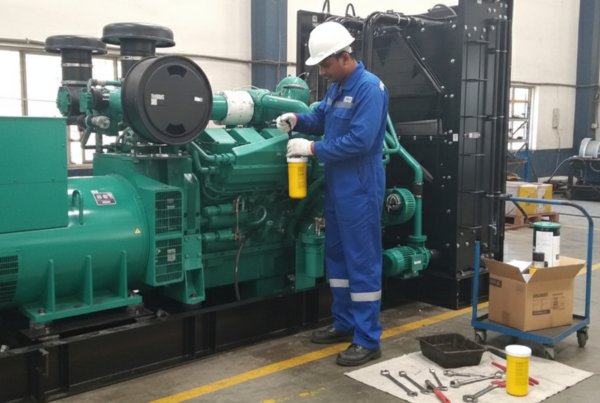 Worker in a blue jumpsuit and white helmet adds oil to a large, green industrial machine in a workshop. Tools and supplies are scattered nearby.