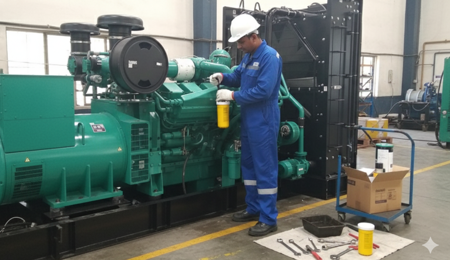 Worker in a blue jumpsuit and white helmet adds oil to a large, green industrial machine in a workshop. Tools and supplies are scattered nearby.