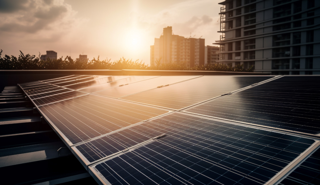 Rooftop solar panels in an Indian city highlighting green energy transition and sustainable development goals by 2047