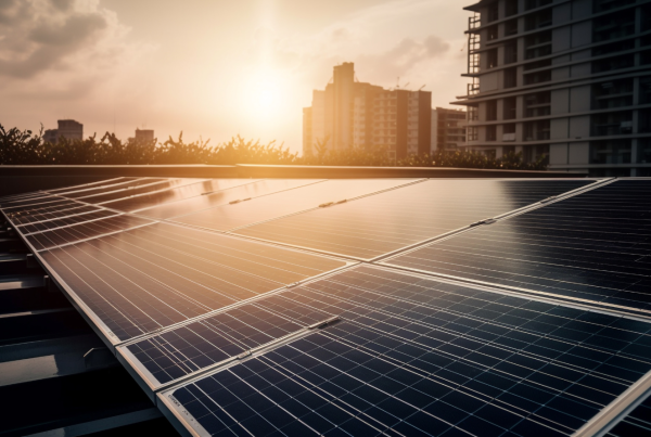 Rooftop solar panels in an Indian city highlighting green energy transition and sustainable development goals by 2047