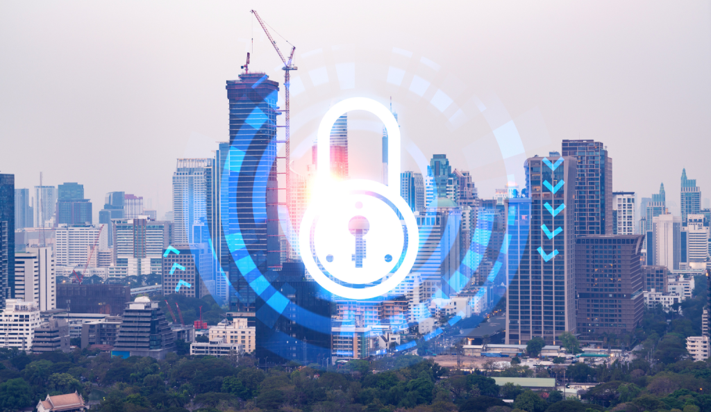Digital padlock over city skyline representing energy security and sustainable urban infrastructure in Budget 2026