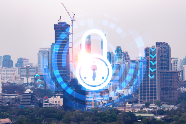 Digital padlock over city skyline representing energy security and sustainable urban infrastructure in Budget 2026