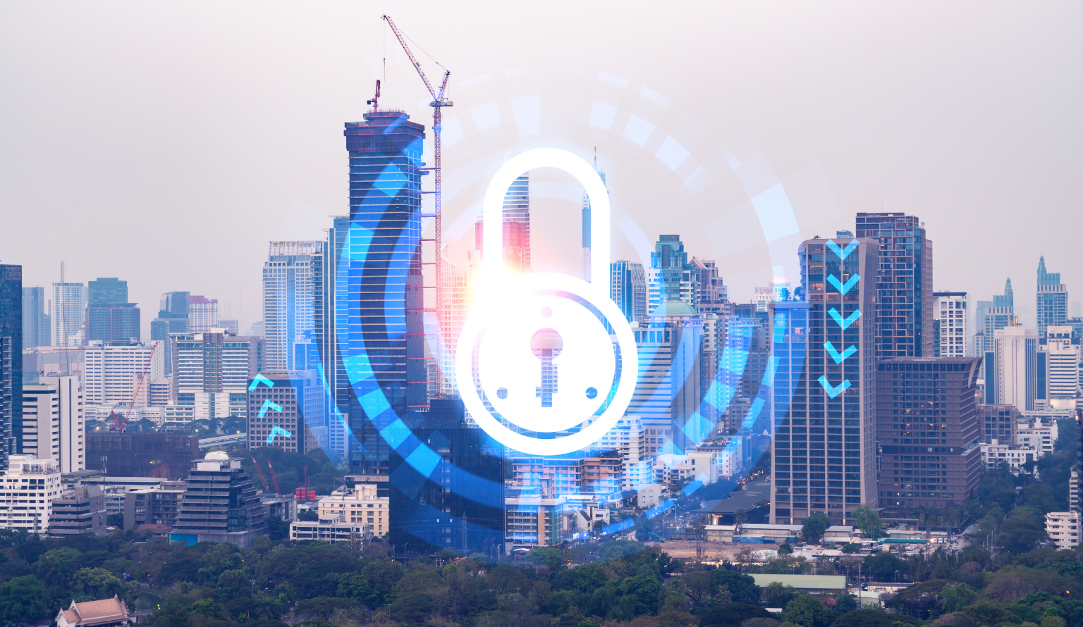 Digital padlock over city skyline representing energy security and sustainable urban infrastructure in Budget 2026