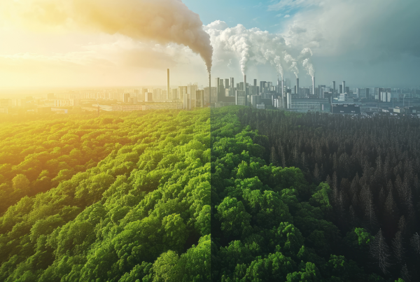 Split image showing lush green forest transitioning into polluted industrial city with smoke emissions