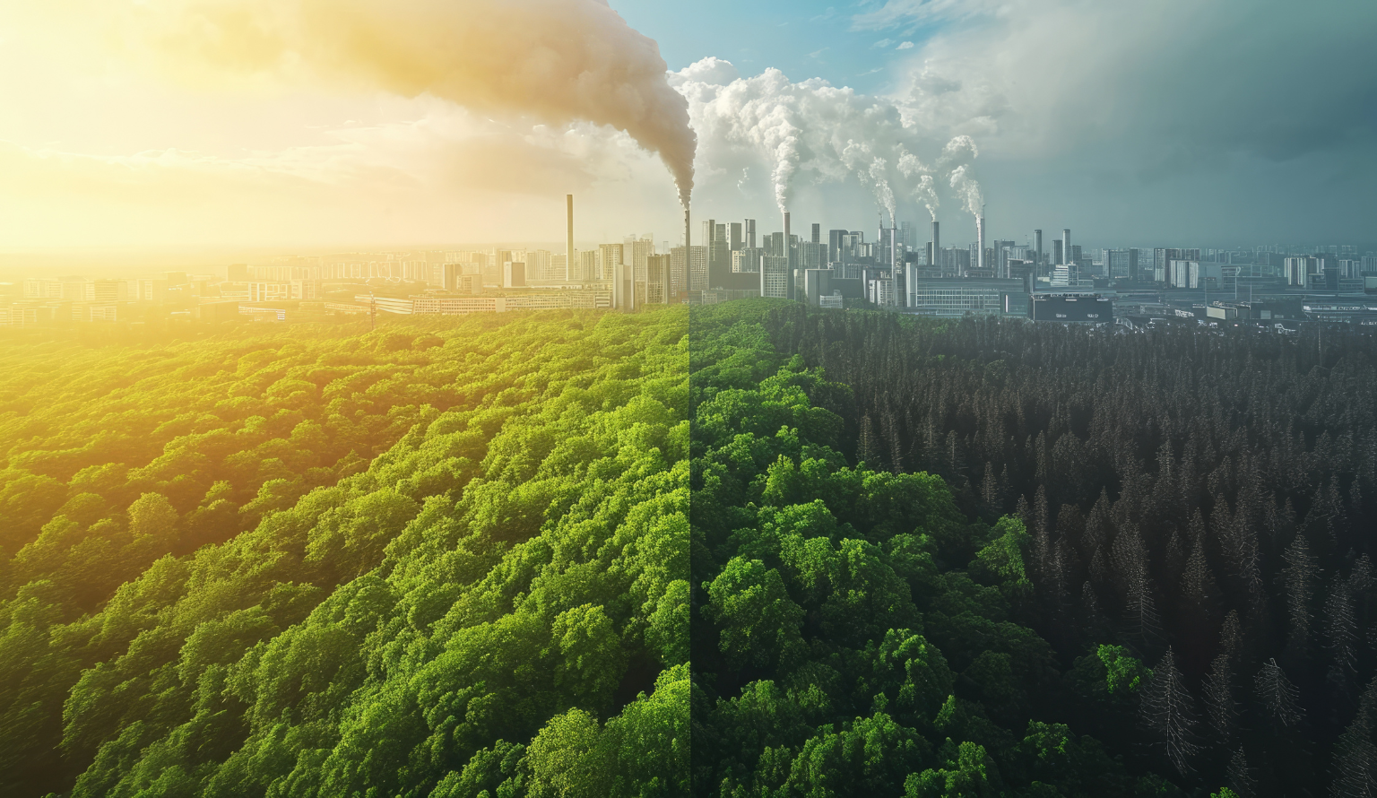 Split image showing lush green forest transitioning into polluted industrial city with smoke emissions