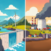 Renewable vs non-renewable energy sources illustration with wind turbines, hydro dam, and polluting power plant