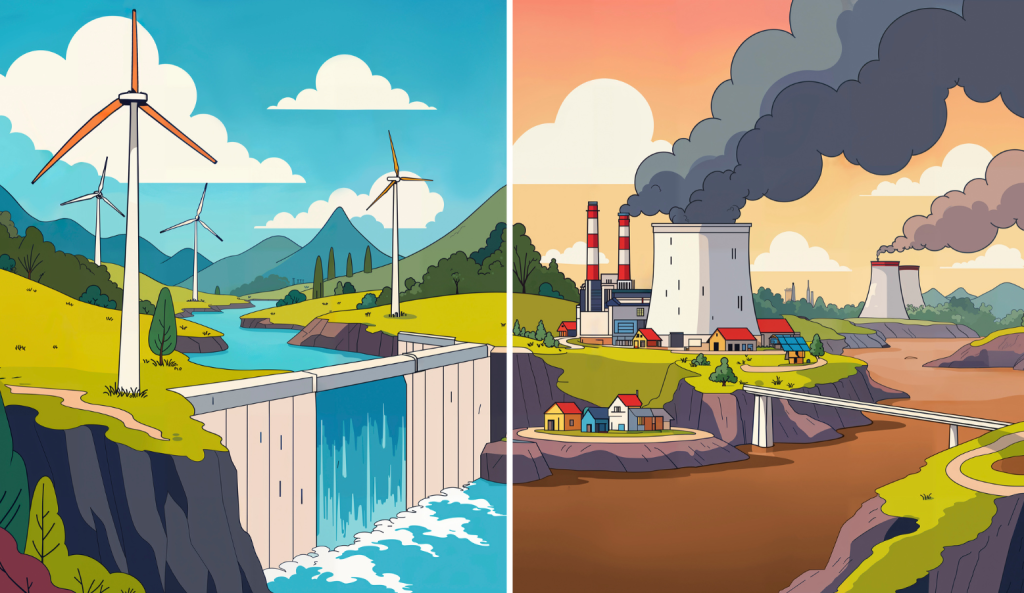 Renewable vs non-renewable energy sources illustration with wind turbines, hydro dam, and polluting power plant