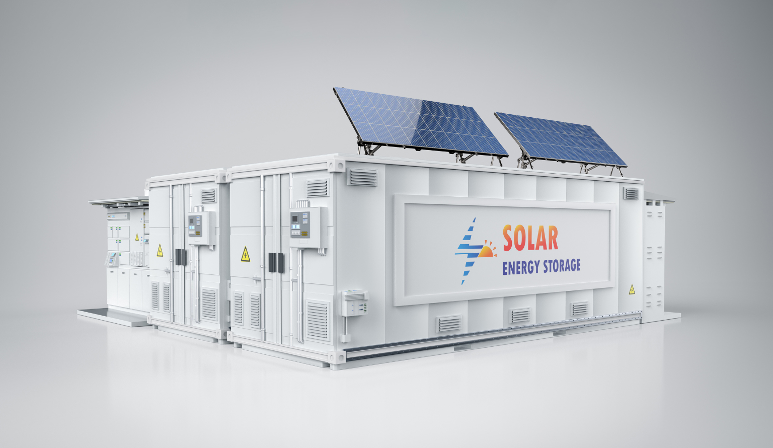 Solar energy storage system with battery containers and rooftop solar panels for backup power