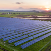 Large solar power plant with rows of photovoltaic panels in rural landscape at sunset