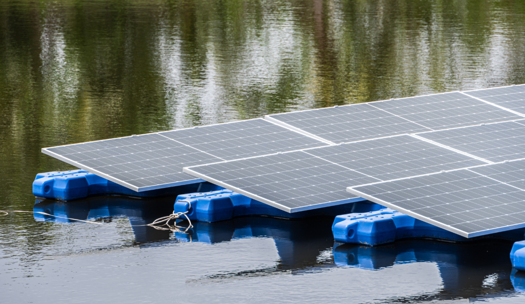 Floating solar panels installed on water body generating renewable energy