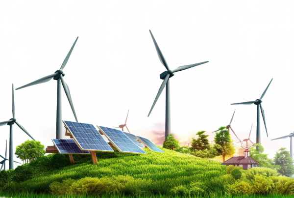 Wind turbines and solar panels on a green landscape representing renewable and green energy sources