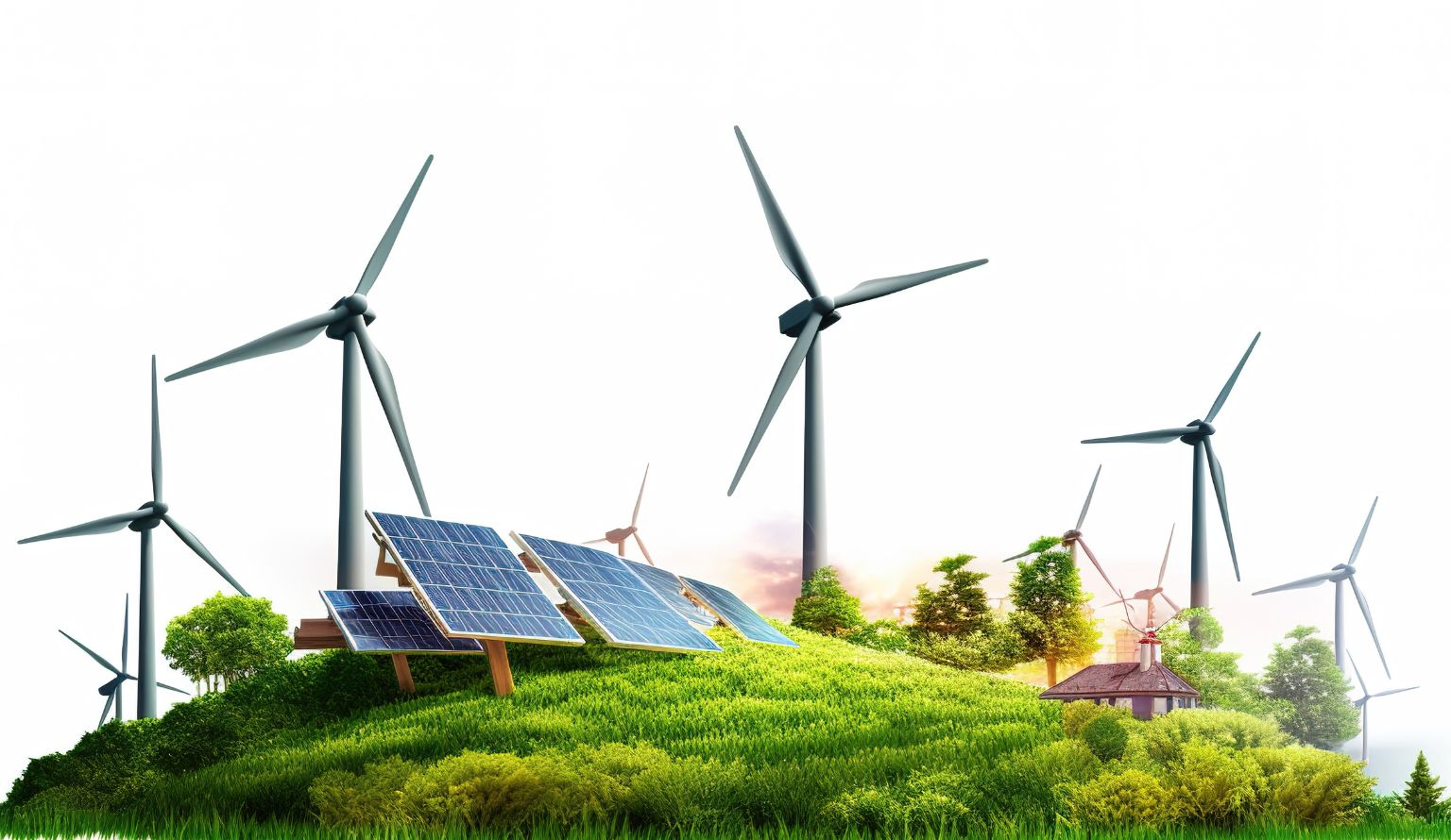 Wind turbines and solar panels on a green landscape representing renewable and green energy sources
