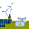 Microgrid system with solar panels, wind turbines, and battery storage for renewable energy generation