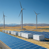 Hybrid renewable energy site with solar panels, wind turbines, and battery storage units in an open landscape