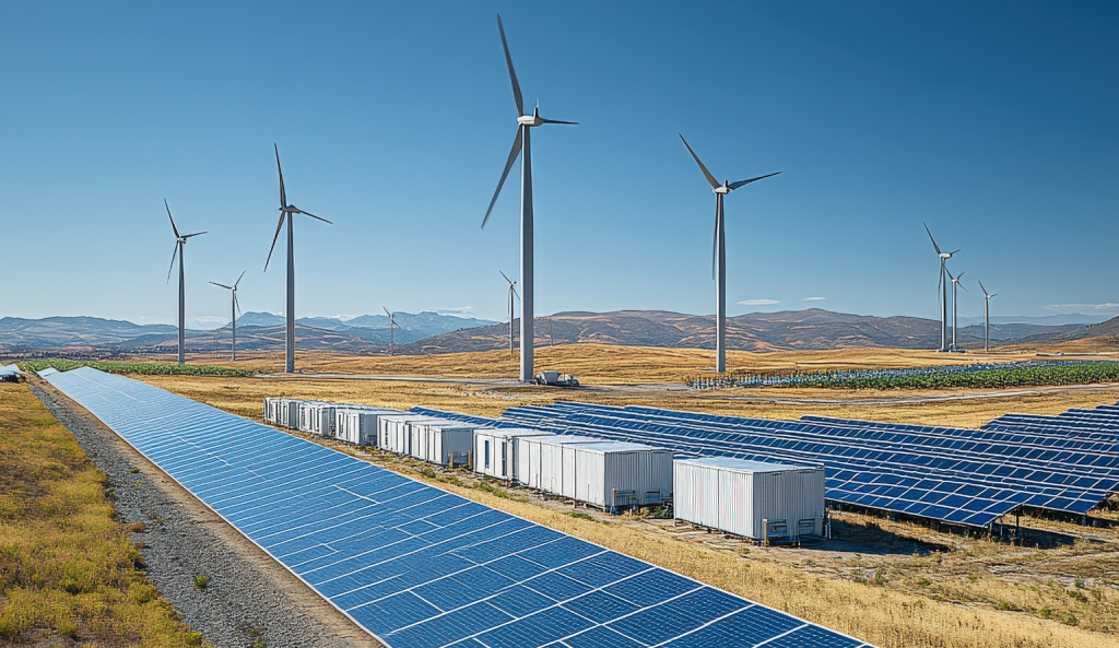 Hybrid renewable energy site with solar panels, wind turbines, and battery storage units in an open landscape