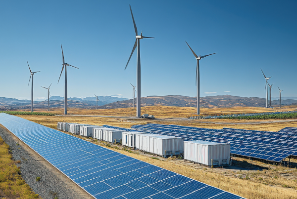 Hybrid renewable energy site with solar panels, wind turbines, and battery storage units in an open landscape