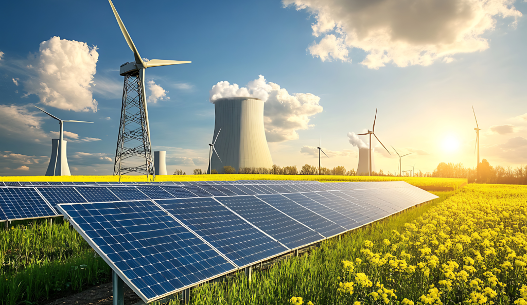 Solar panels and wind turbines in a field with power plant in the background generating renewable energy