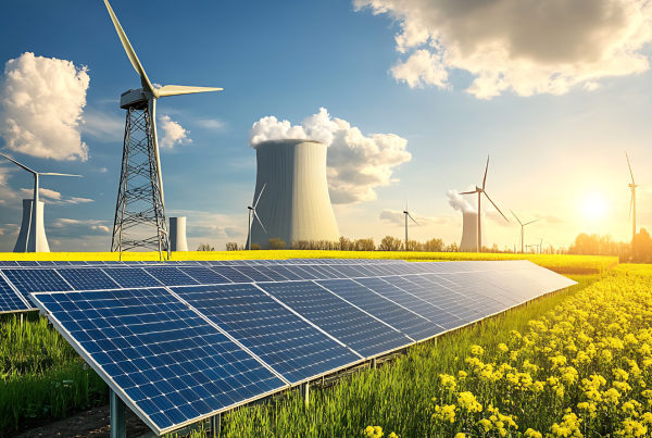 Solar panels and wind turbines in a field with power plant in the background generating renewable energy