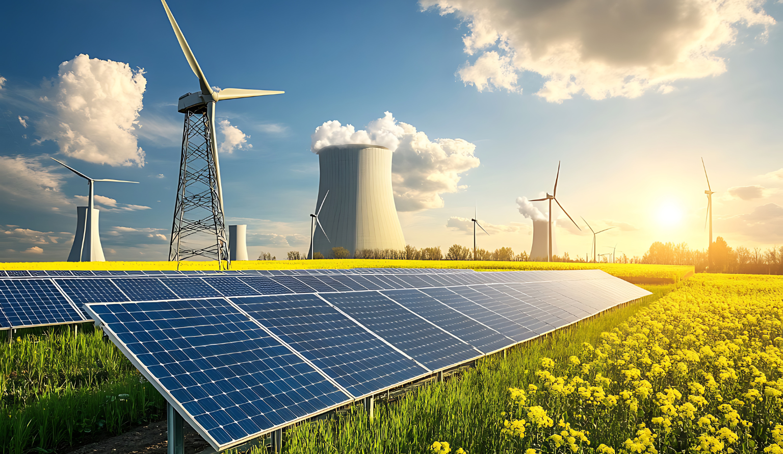 Solar panels and wind turbines in a field with power plant in the background generating renewable energy